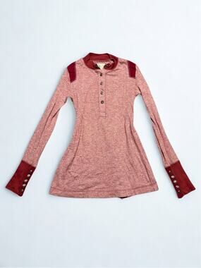 Vtg Y2K Free People Heathered Red Thermal Long Sleeve Henley Top Size S